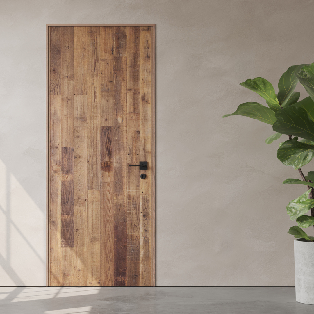 A Vertical Door Slab with a black handle is set in a light-colored wall. A potted green plant is partially visible to the right.