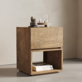 The Burma Nightstand features two compartments; its top surface is adorned with a small cactus, two glass containers, and a tray. The lower compartment holds books. It sits against a neutral-colored wall and on a gray floor.