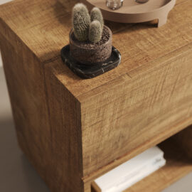 The Burma Nightstand showcasing a small potted cactus on a black coaster, complete with a wooden tray and various items in the background, and books neatly stored in an open shelf below.