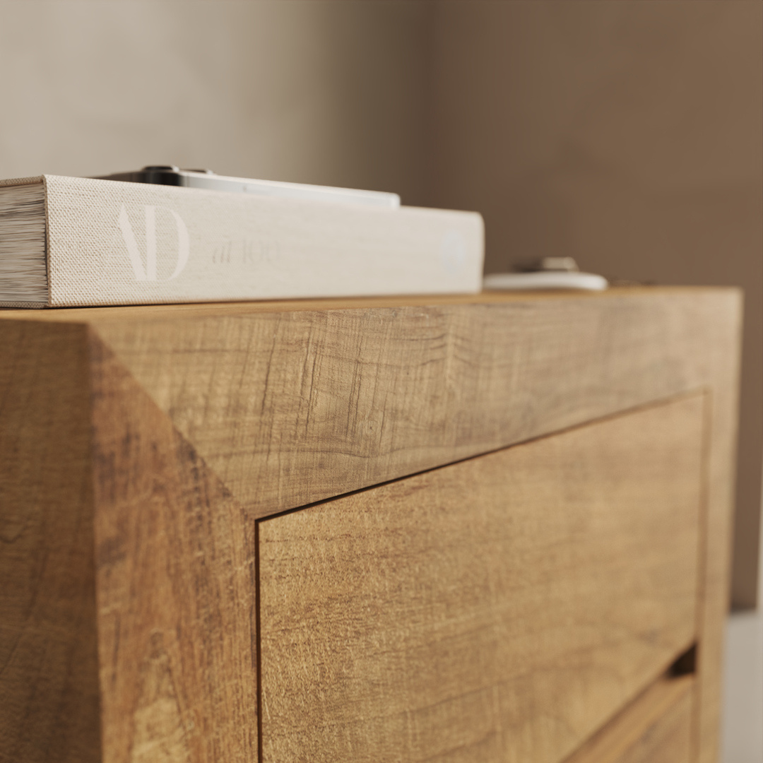 Lugano Nightstand - 2 A close-up of the Lugano Nightstand's corner features a light-colored book with a minimalist design and the letters "AD" visible on the spine, along with a small object placed on top.