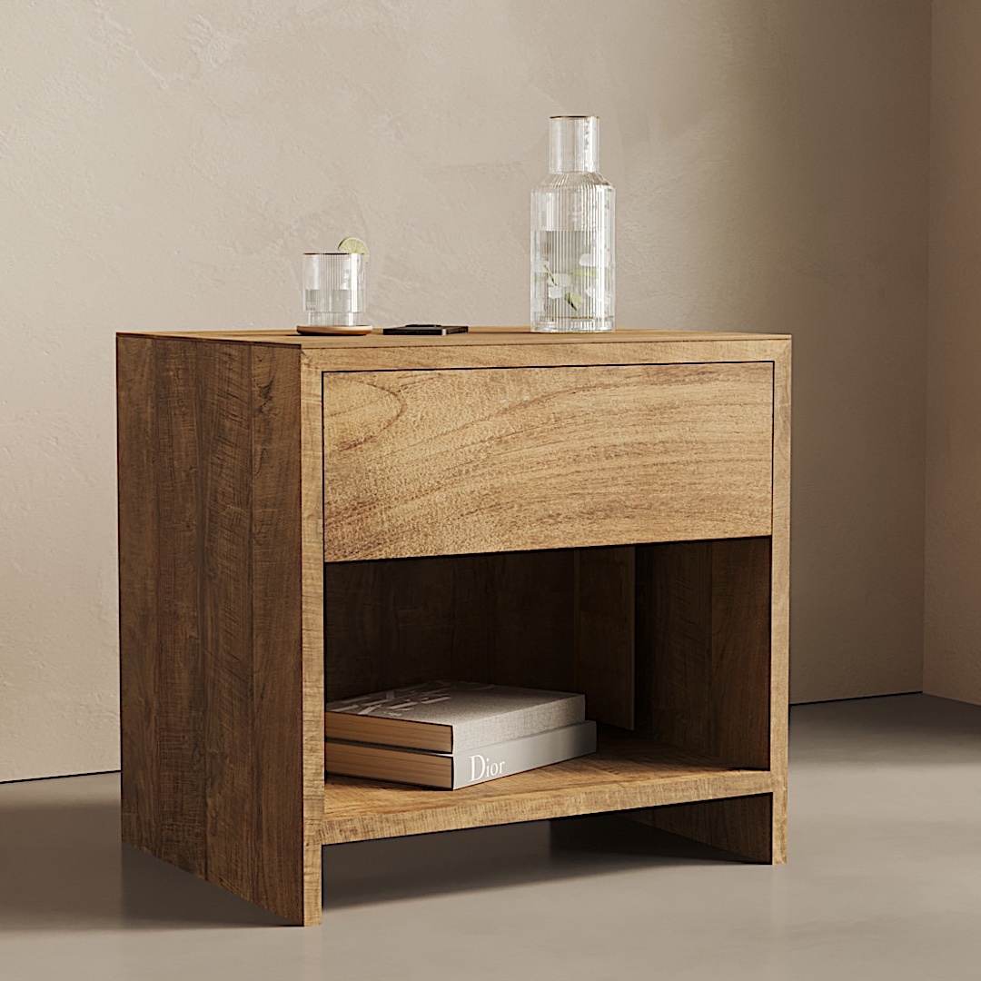 Satillo Nightstand featuring a drawer, a single shelf, and holding two books. A glass of water, a carafe, and a small black object are placed on top.