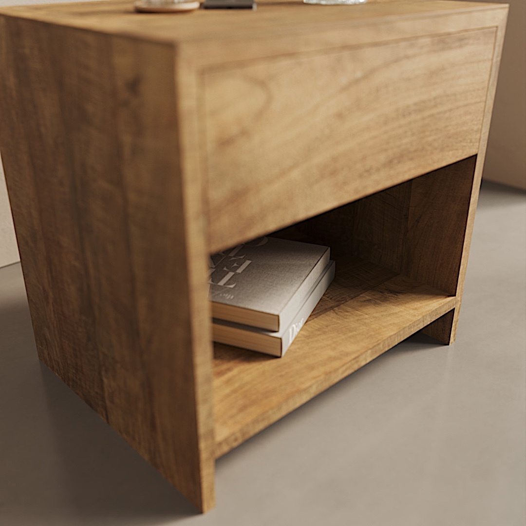 SATILLO NIGHTSTAND doof The Satillo Nightstand, featuring an open lower shelf holding two books, is set in a minimalist room.