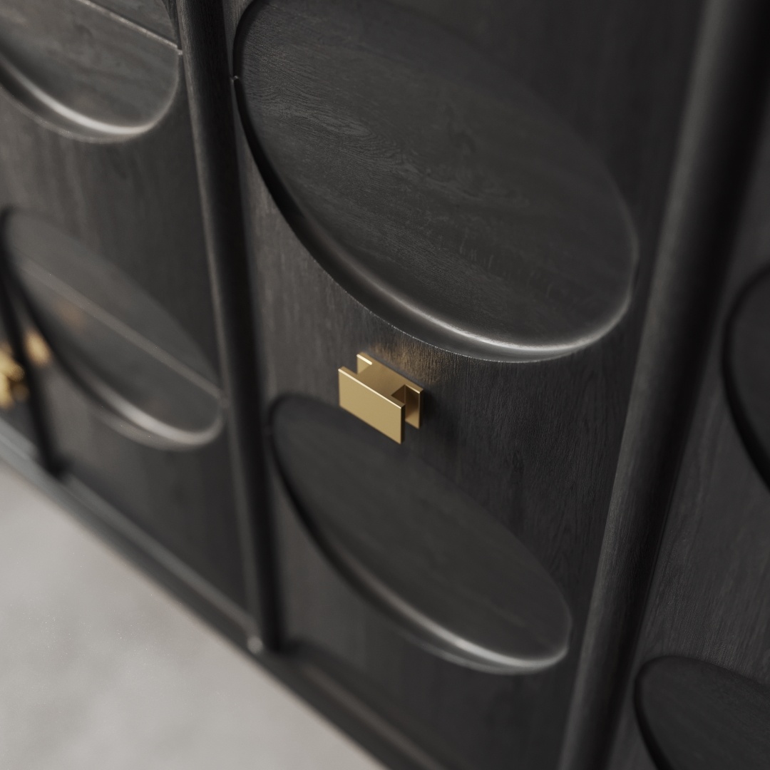 Alba 60 Side Cabinet-e Close-up of the Alba 60" Side Cabinet, a dark wooden cabinet adorned with an oval pattern design and featuring a gold rectangular handle. This elegant piece stands at 60 inches tall, blending style and functionality seamlessly.