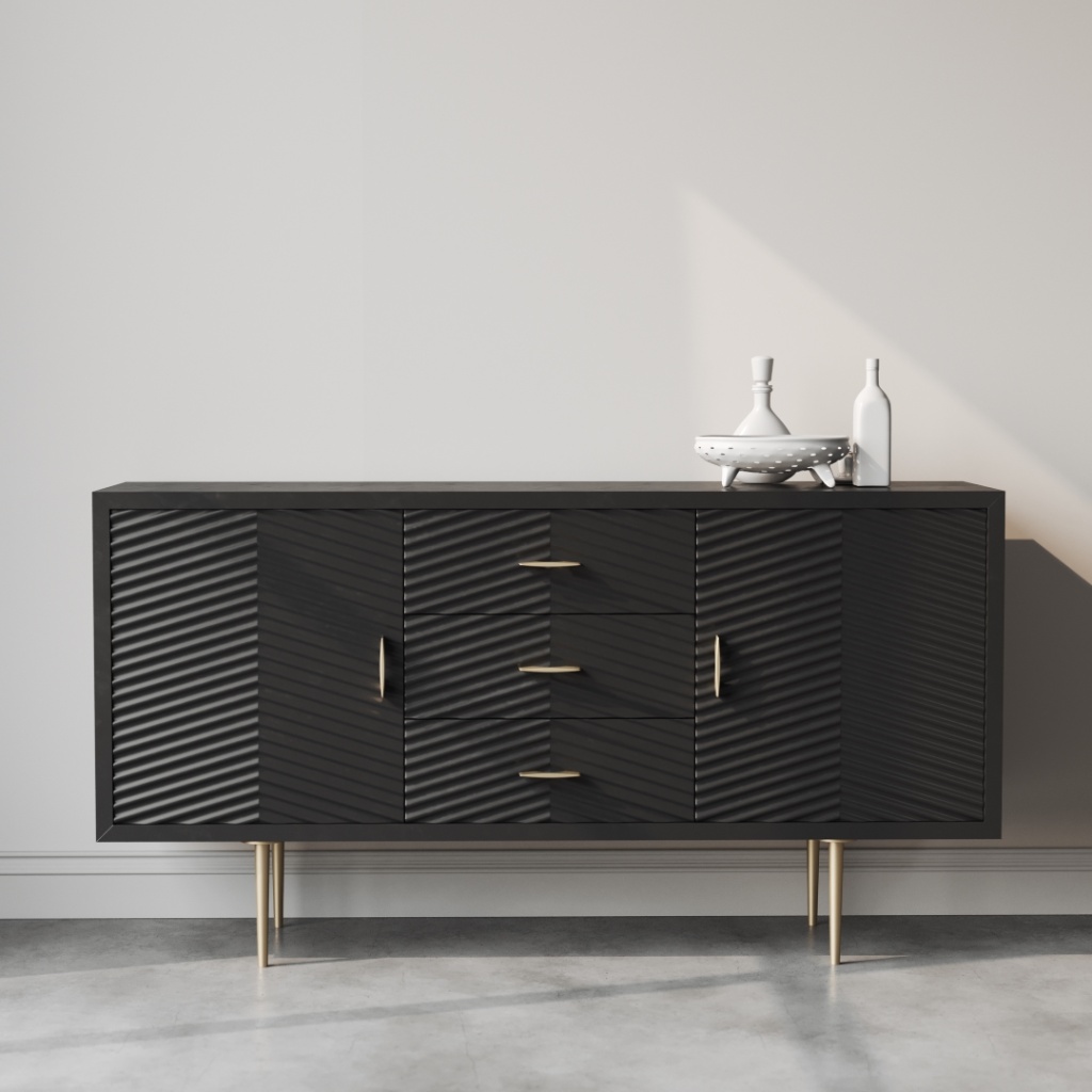Placed against a plain white wall, the Arista 60" Side Cabinet (Black) boasts a textured diagonal pattern with gold handles and legs. On top of it sit two decorative vases and a small white tray.
