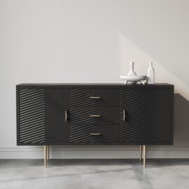 Placed against a plain white wall, the Arista 60" Side Cabinet (Black) boasts a textured diagonal pattern with gold handles and legs. On top of it sit two decorative vases and a small white tray.
