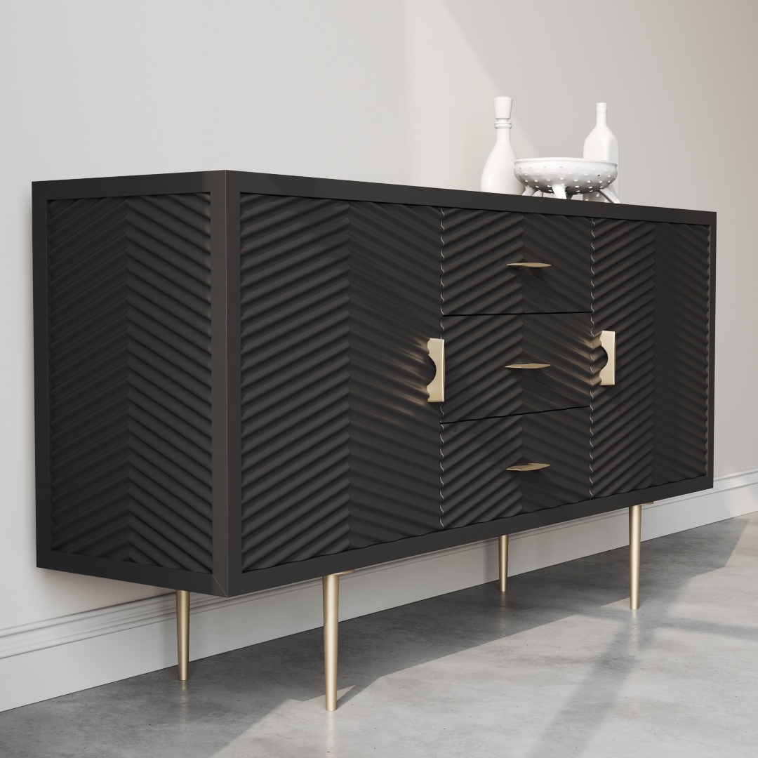 Arista 60 Side Cabinet Black -b The Arista 60" Side Cabinet (Black) features modern textured doors, gold handles, and gold legs. It is placed against a light-colored wall with two decorative white vases on top.