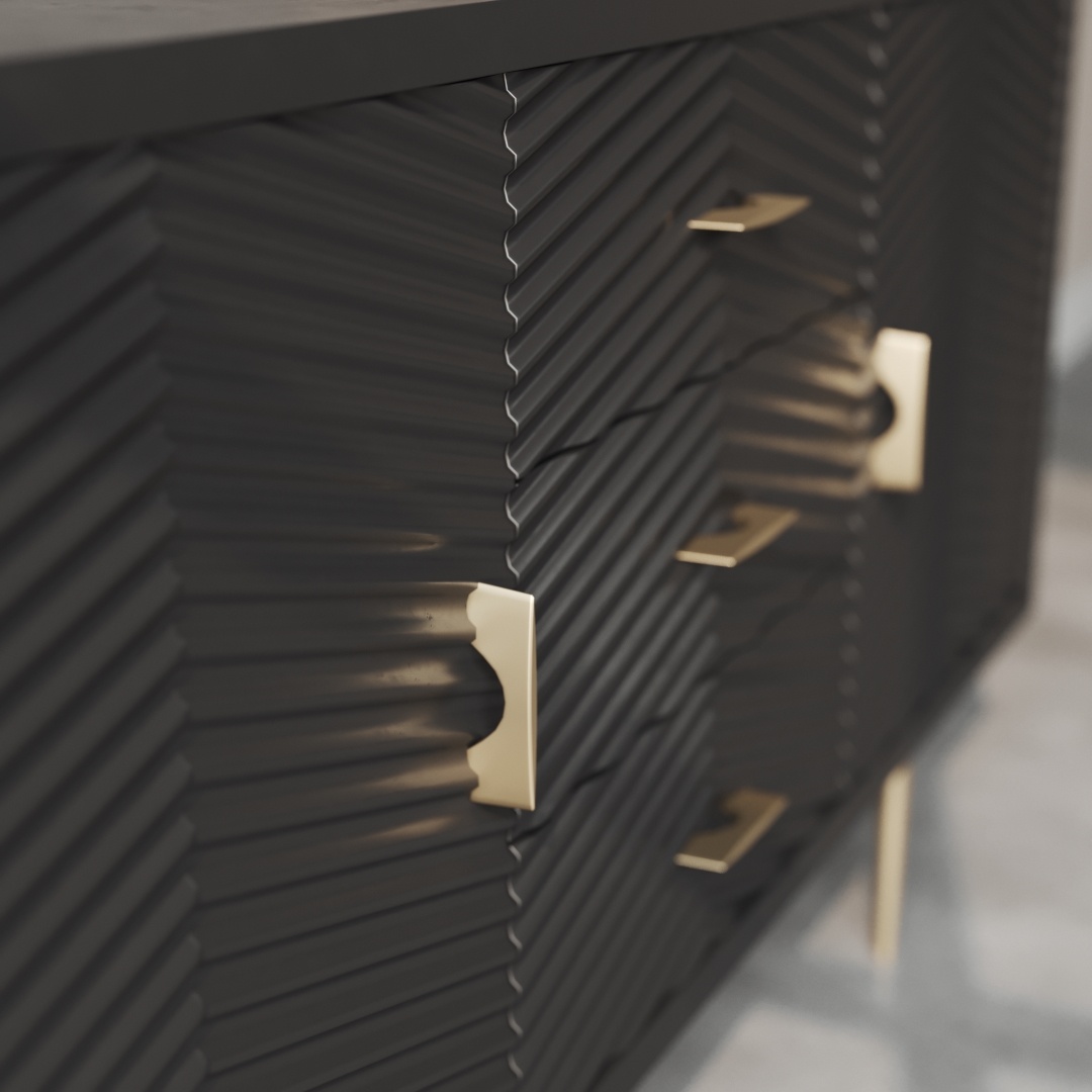Arista 60 Side Cabinet Black -c Close-up of the textured Arista 60" Side Cabinet (Black) with gold handles.