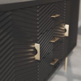 Close-up of the textured Arista 60" Side Cabinet (Black) with gold handles.