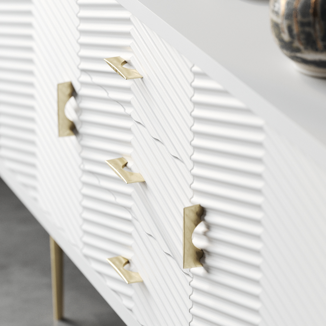 Arista 60_ Side Cabinet 6 Detailed view of the Arista 60" Side Cabinet (White Wash), highlighting its gold handles and legs. A ceramic vase is partially visible on top.
