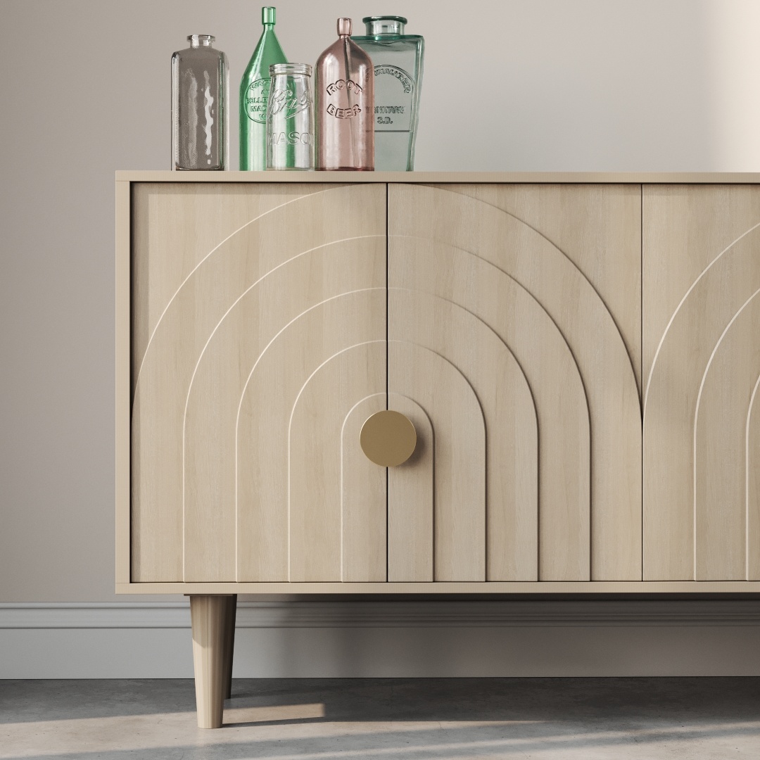 Azul 58 Side Cabinet-b Introducing the Azul 58" Side Cabinet, a stunning piece crafted from light wood. This cabinet features elegant arched patterns on its doors, supported by two sturdy legs, and is adorned with circular knobs. To complete the look, four decorative glass bottles in various colors and an Azul hue are beautifully displayed on top.