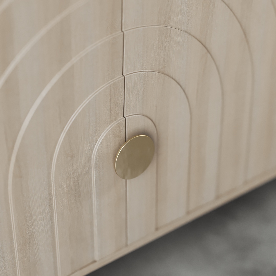Azul 58 Side Cabinet-d Close-up of the Azul 58" Side Cabinet door, showcasing a round metallic handle and a grooved arch pattern design, all in a stunning Azul finish.