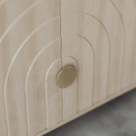 Close-up of the Azul 58" Side Cabinet door, showcasing a round metallic handle and a grooved arch pattern design, all in a stunning Azul finish.