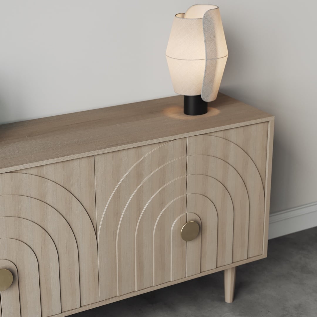 Azul 58 Side Cabinet-e An Azul 58" Side Cabinet made of light wood, featuring a geometric pattern, is topped with a modern table lamp and placed against a neutral-colored wall.