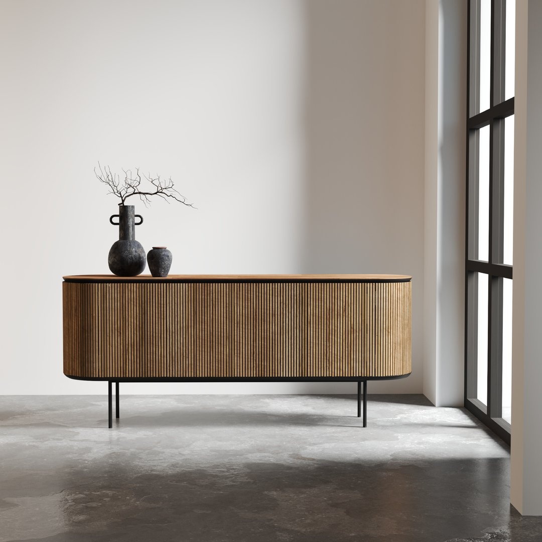 The Bolivar Dining Buffet stands in a minimalist room, adorned with two vases and dried branches, placed near a large window.