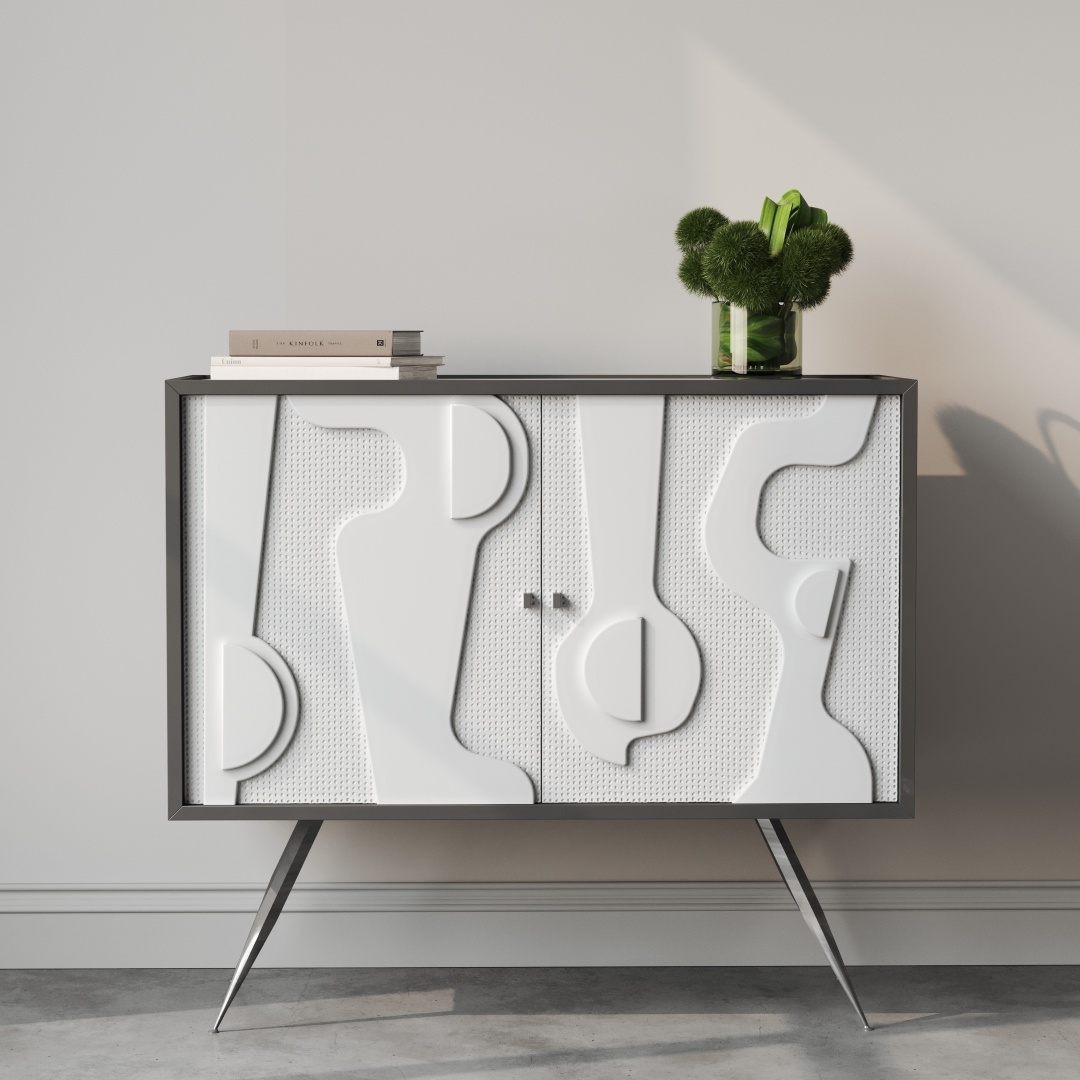 The Estrella 60" Cabinet, featuring artistic front panels and sleek legs, stands proudly adorned with a stack of books and a green plant in a vase on top—a true exemplification of modern design.