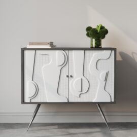 The Estrella 60" Cabinet, featuring artistic front panels and sleek legs, stands proudly adorned with a stack of books and a green plant in a vase on top—a true exemplification of modern design.