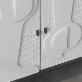 Close-up of the Estrella 60" Cabinet, showcasing its white textured surface with two small black handles near the center. The cabinet's design features raised, abstract patterns, highlighting its elegant furniture aesthetics.