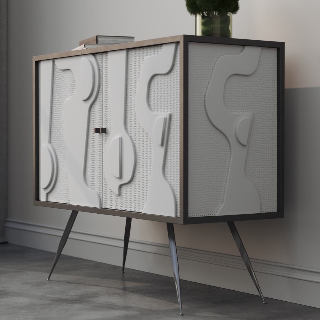 Estrella 60 Cabinet-e The Estrella 60" Cabinet is a contemporary white unit featuring intricately embossed doors, supported by sleek angled metal legs. Positioned against a simple wall, it is adorned with a green plant for a natural accent.