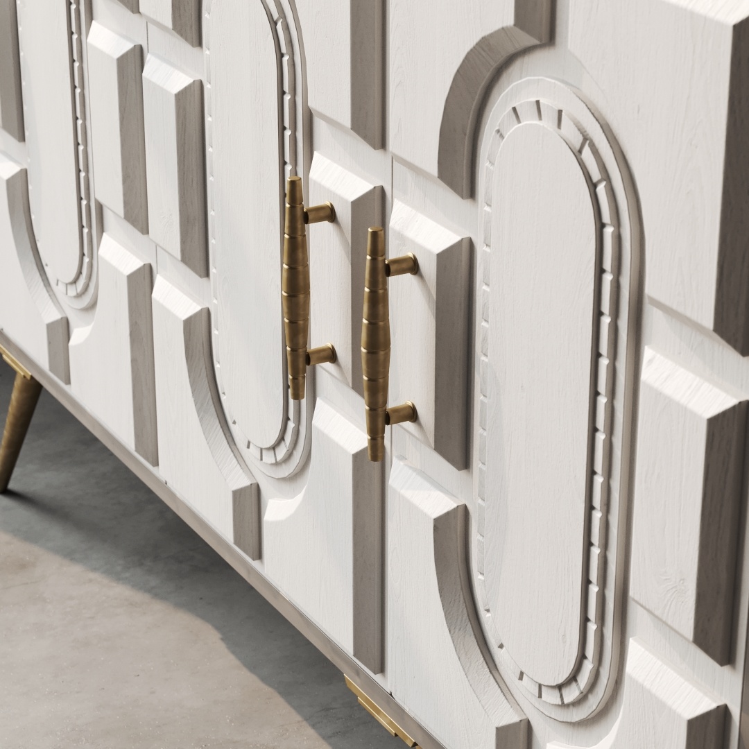 Lugo 60 Side Cabinet-c Close-up of the Lugo 60" Side Cabinet, featuring a white textured finish, gold handles, and geometric patterns—perfect for adding a touch of elegance to any room. This exquisite piece showcases superb craftsmanship.