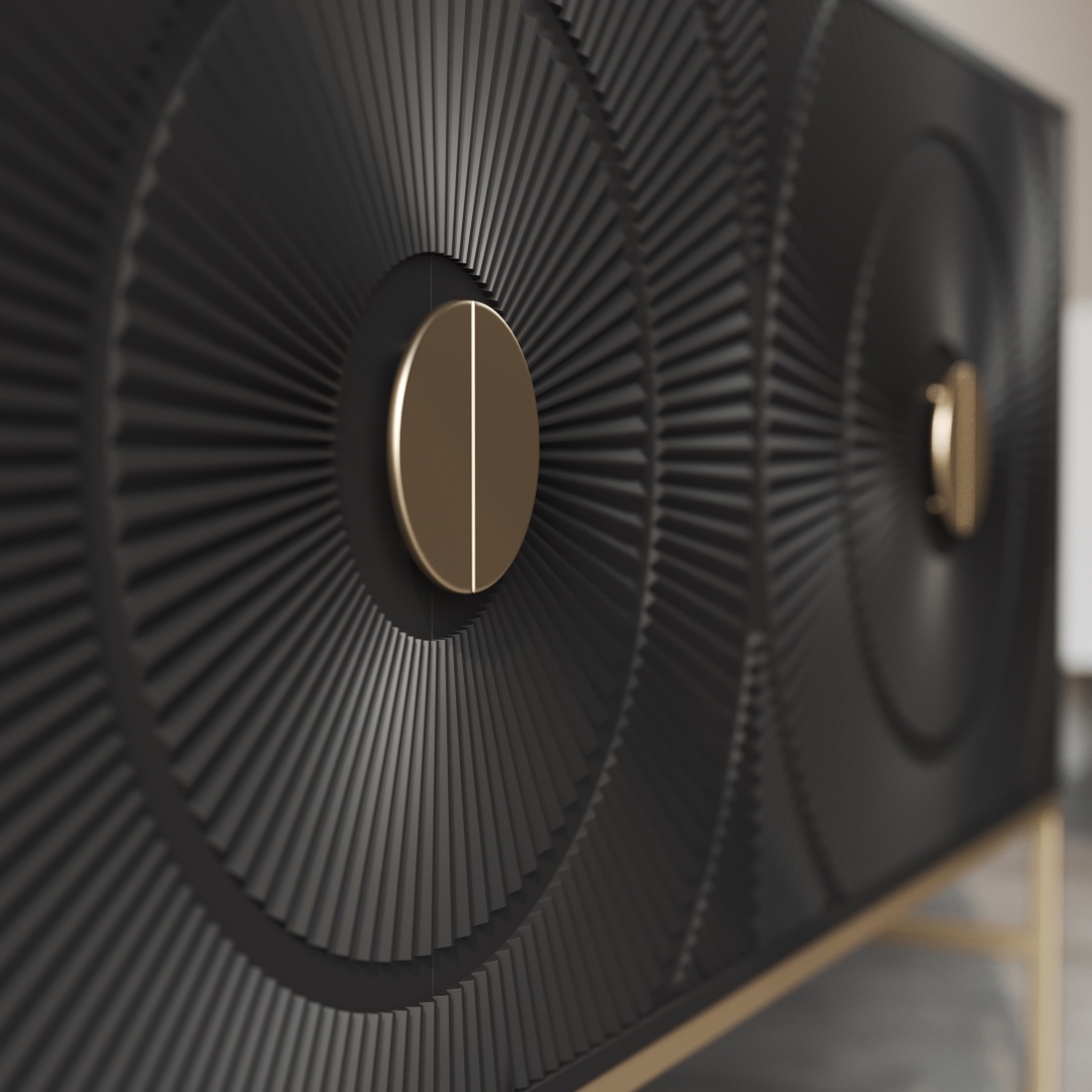 Orbita 60 Side Cabinet-c Up-close view of the Orbita 60" Side Cabinet door showcasing its intricate black and gold textures, adorned with circular sunburst-patterned designs, and centered with elegant gold knobs.