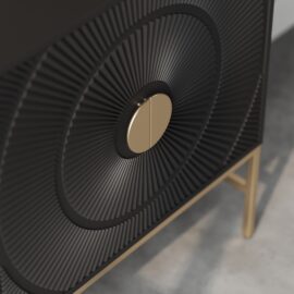 Close-up of the Orbita 60" Side Cabinet in black, showcasing its textured concentric circle design on the door, accentuated by a gold circular handle and gold legs.