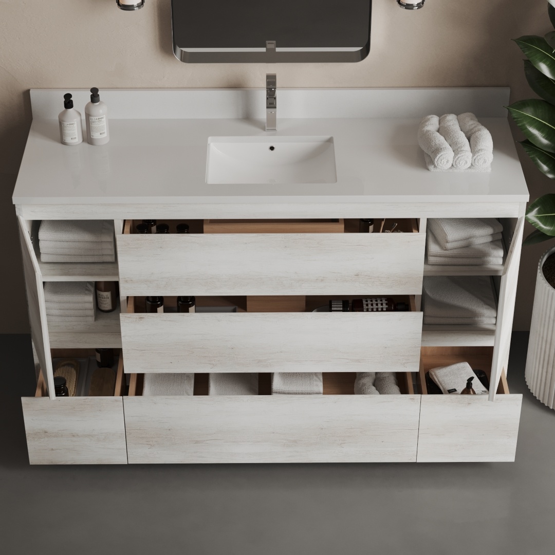 The Vamo 60" Single Sink Bathroom Vanity boasts open drawers and shelves that beautifully showcase neatly organized towels, toiletries, and other essentials.