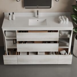 The Vamo 60" Single Sink Bathroom Vanity boasts open drawers and shelves that beautifully showcase neatly organized towels, toiletries, and other essentials.