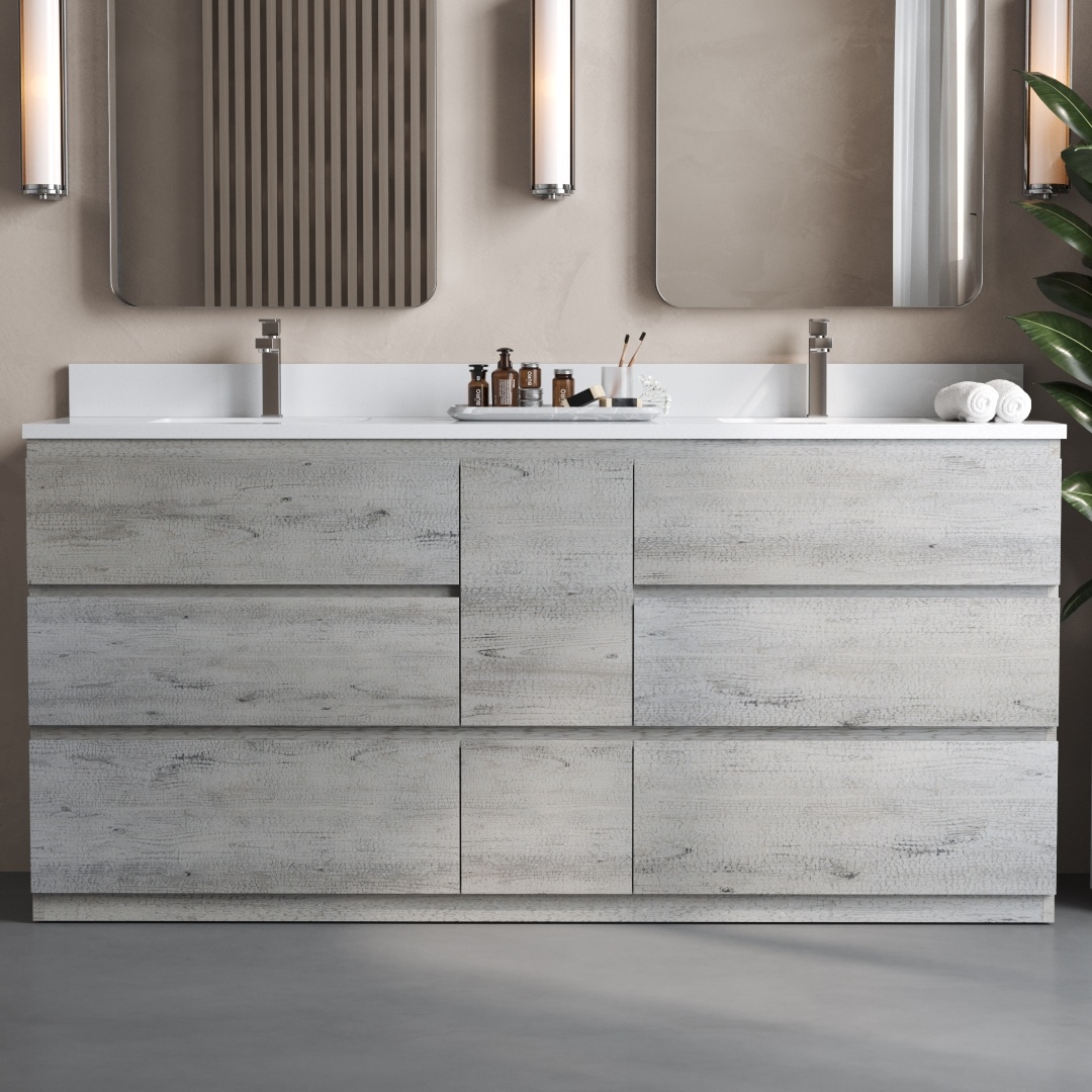 The Vamo 72" Double Sink Bathroom Vanity showcases a contemporary double sink design complete with two rectangular mirrors and wall-mounted lights. This light wood finished vanity is elegantly accented by green plant decor on its right side.