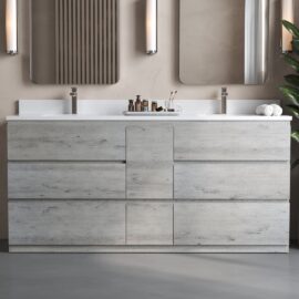 The Vamo 72" Double Sink Bathroom Vanity showcases a contemporary double sink design complete with two rectangular mirrors and wall-mounted lights. This light wood finished vanity is elegantly accented by green plant decor on its right side.