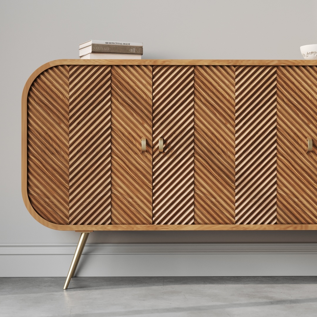 Vista 60 Side Cabinet-b The Vista 60" Side Cabinet, adorned with a sophisticated chevron pattern and supported by stylish angled legs, is positioned against a gray wall with two decorative items elegantly displayed on top.