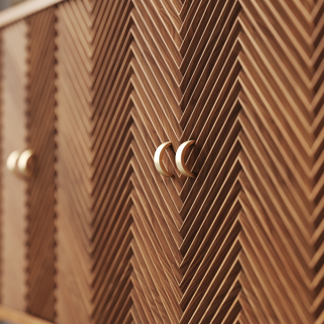 Vista 60 Side Cabinet-c Close-up of the Vista 60" Side Cabinet featuring a wooden chevron pattern and two crescent-shaped metallic handles.
