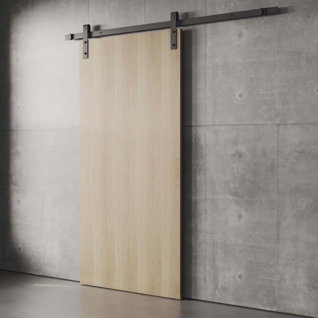 A Nordic Barn Door with black metal hardware is installed on a concrete wall.