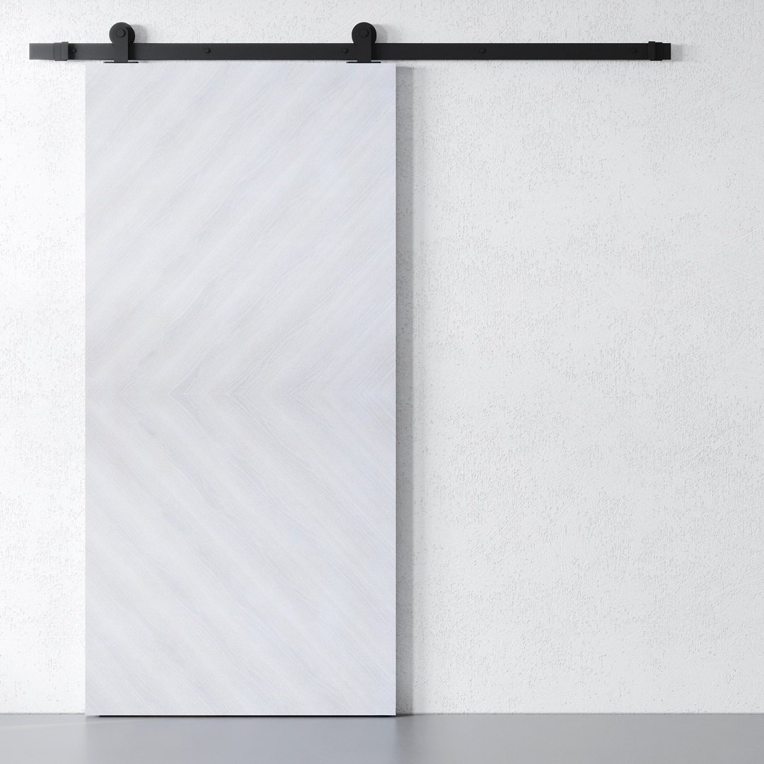 BIANCO-83″-X-40″-BARN-DOOR-WHITE.jpg The Bianco Barn Door glides along a black metal track, contrasting beautifully against the light textured wall.