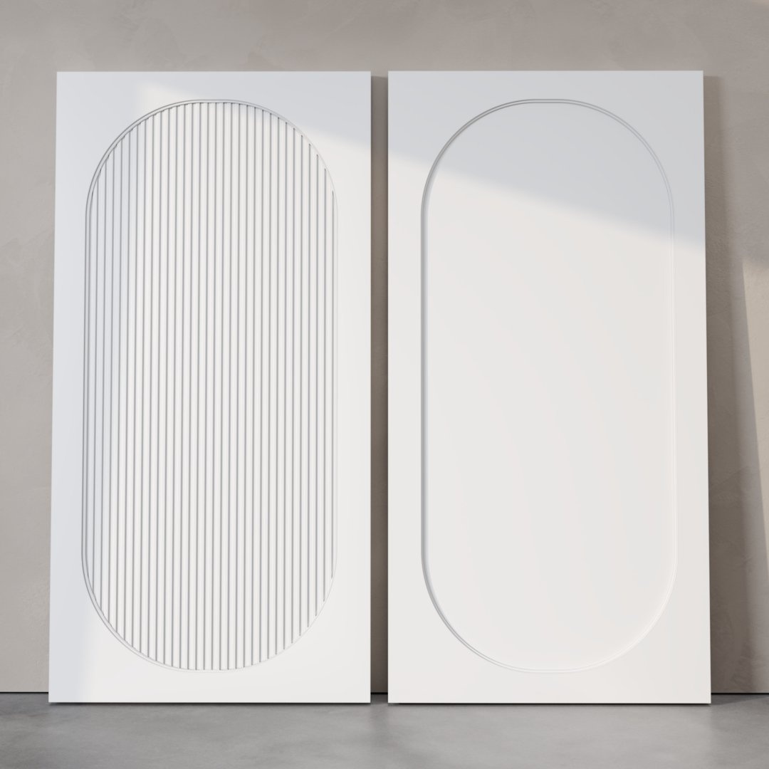 Two Celine Oval Fluted Panel Barn Doors, each in white; the door on the left showcases vertical grooves inside its oval design, whereas the smooth oval design decorates the door on the right. Both doors are positioned against a light gray wall.