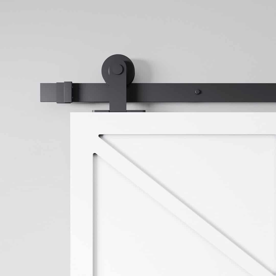Canal-Barn-Door-White-2.jpg Close-up of a modern black sliding rail and roller hardware from the Canal Barn Door, attached to the top of a white door.