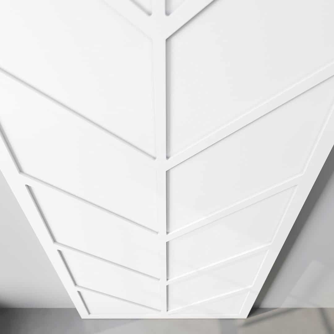 Canal-Barn-Door-White-4.jpg Modern interior space featuring a white ceiling adorned with a geometric panel design, accompanied by the Canal Barn Door.