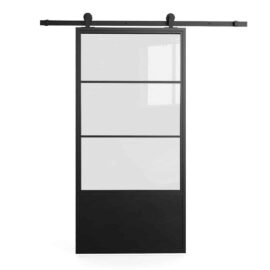 The French Casement 4-Panel Barn Door features a contemporary black frame with four glass panels, mounted on a sleek black rail.