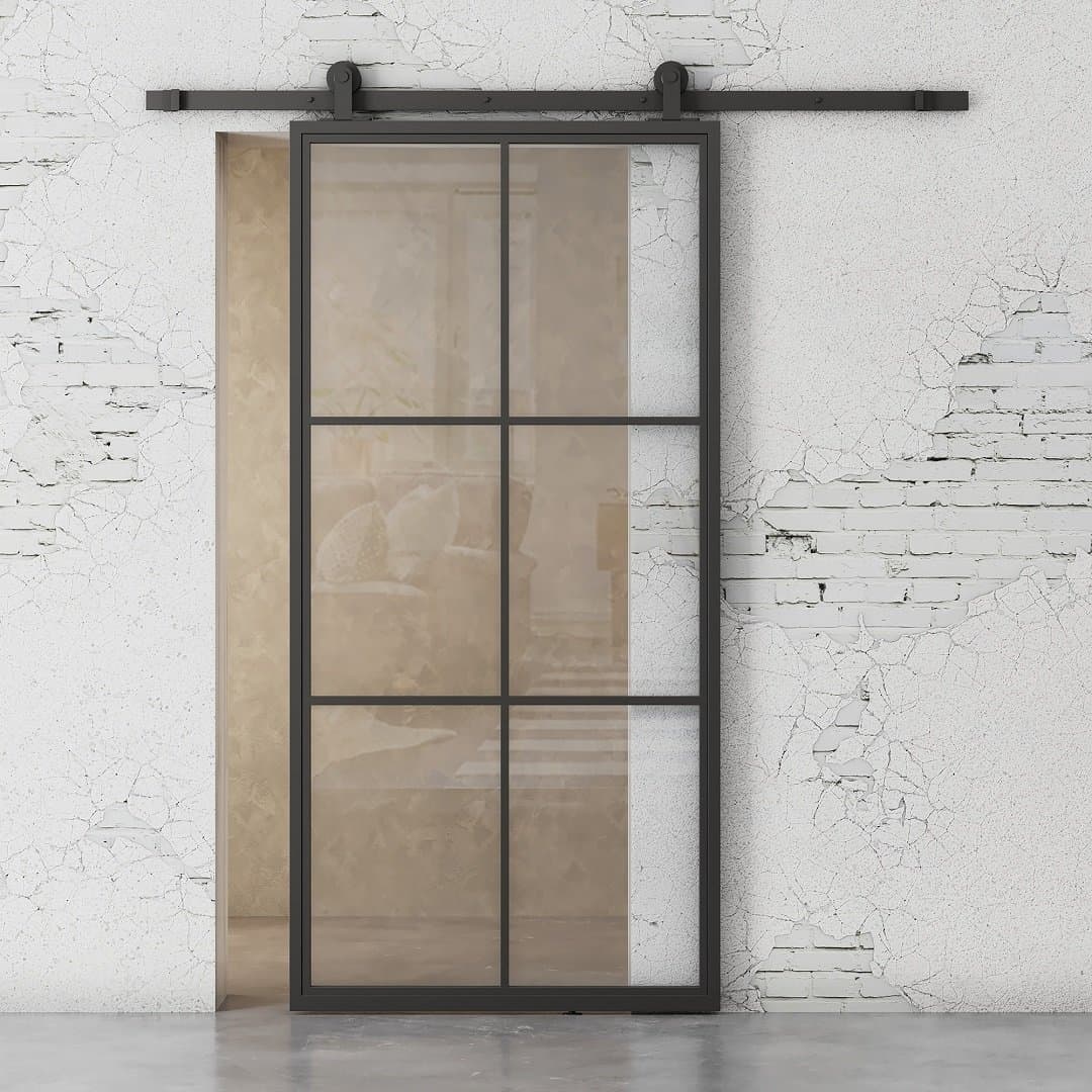 French Casement 6-Panel Barn Door installed against a white, cracked wall with a rustic and minimalist design.