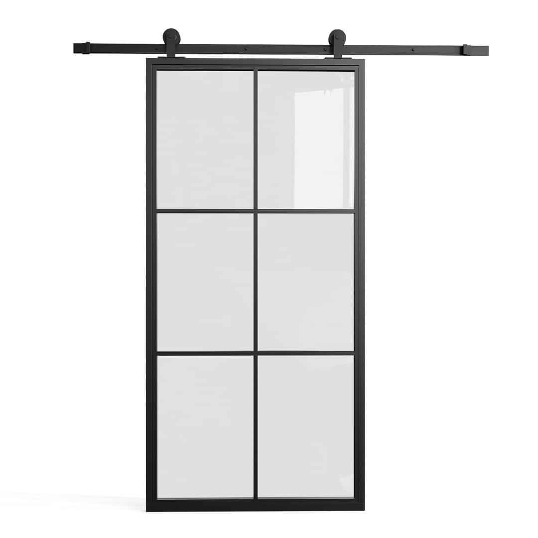 FC-6-PANEL-4.jpg French Casement 6-Panel Barn Door featuring a black metal frame with glass panels and a six-pane design on a sliding rail system.