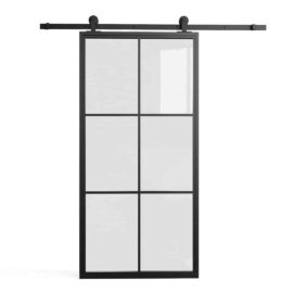 French Casement 6-Panel Barn Door featuring a black metal frame with glass panels and a six-pane design on a sliding rail system.