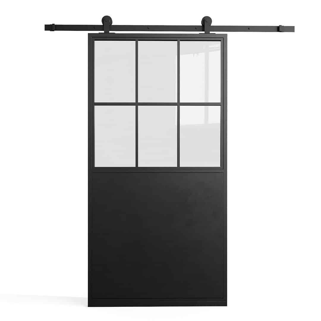 FC-7-PANEL-4.jpg Add a touch of elegance with the French Casement 7-Panel Barn Door, featuring a black frame and six window panels in the upper half paired with a solid lower half, all effortlessly mounted on a track.