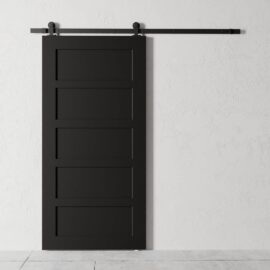 A 5-Panel Barn Door in black is mounted on a white wall using a sleek black metal rail system.