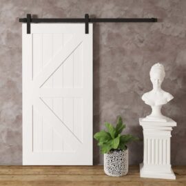 A British Brace Barn Door on a black track, next to a leafy potted plant and a white bust on a pedestal, set against a textured gray wall background.