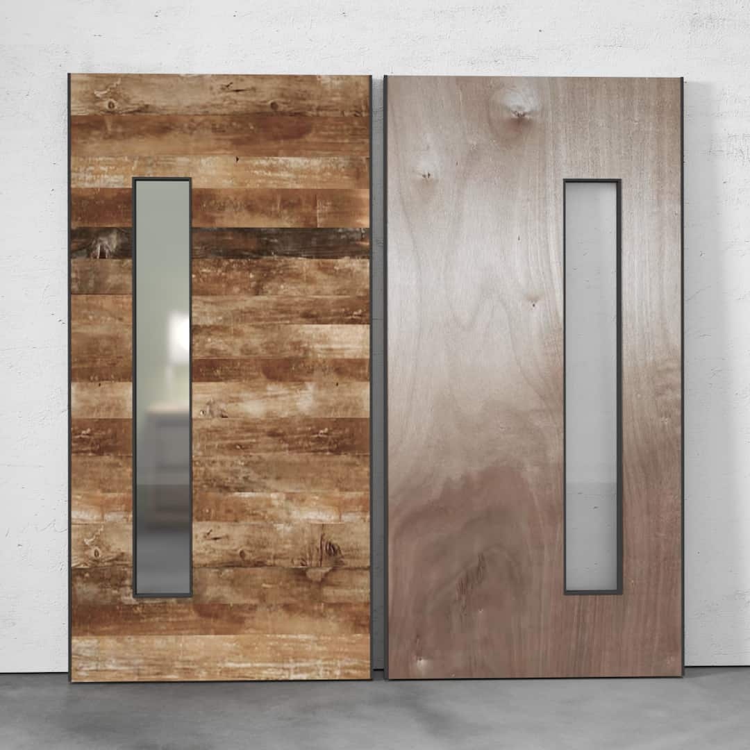 Two Maison Reclaimed Wood - Frosted Glass Doors, showcasing unique reclaimed wood textures and rectangular frosted glass panels, stand side by side against a plain white wall.
