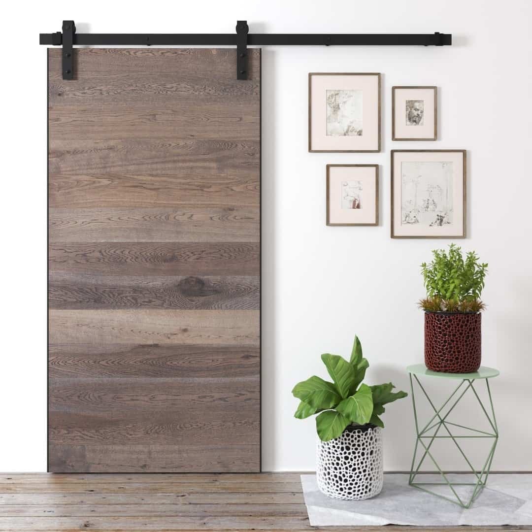 An Oak Panel Barn Door next to a wall displaying four framed pictures. Below the pictures, there are two potted plants, one on a small green table and the other in a white basket.