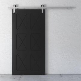 The Oxford Barn Door, featuring a black finish and an X-design panel, stands out against a white textured wall. The silver track and hardware are prominently visible at the top.